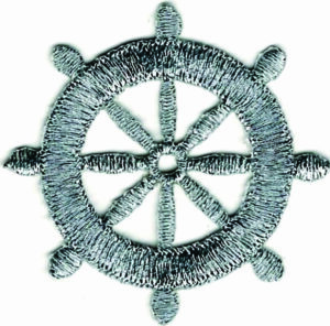 Silver Ship Wheel Nautical Embroidered Patch – Iron-On Applique for Jackets Hats