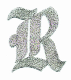 3" Fancy Metallic Silver Old English Alphabet Letter R Embroidered Patch