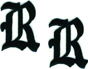 Lot of 2 Gothic Old English Letter R Iron-On Patches 1 1/8" Small Black Embroidered Alphabet Monogram Appliques