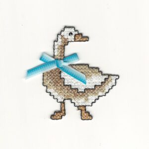 Cute Goose Iron On Patch with Blue Ribbon Bow – Cross Stitch Embroidery Applique