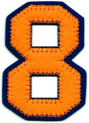 Orange Number 8 Patch Iron on Blue Felt Outline Varsity Letterman (2 1/2" in)