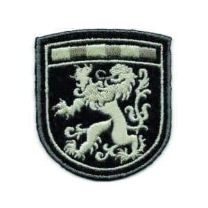 2⅜" Rampant Lion Crest Iron-On Patch Silver Black Embroidered Shield Applique